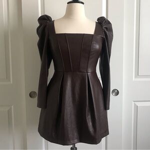 Avec Les Filles Chocolate Brown Corset Top Puff Sleeve Faux Leather Mini Dress L